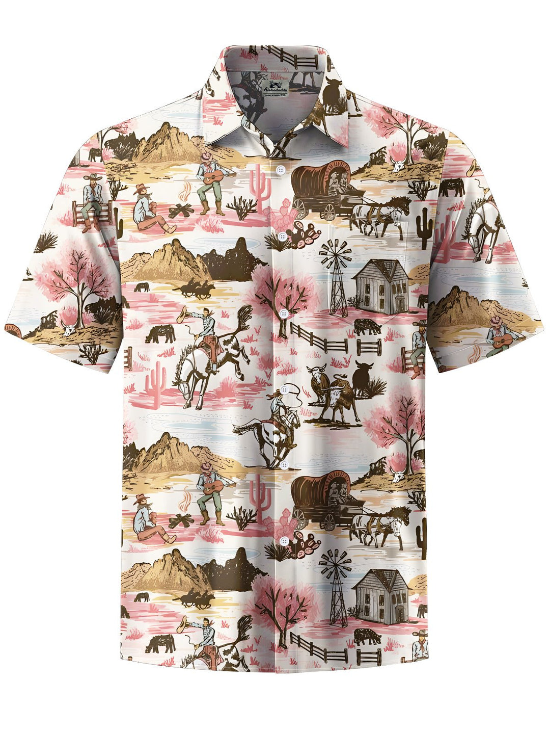 Alohadaddy® Vintage Western Cowboy Horse Cactus Pocket Stretch Shirt