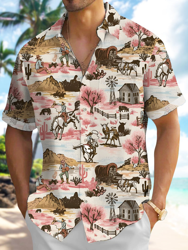 Alohadaddy® Vintage Western Cowboy Horse Cactus Pocket Stretch Shirt