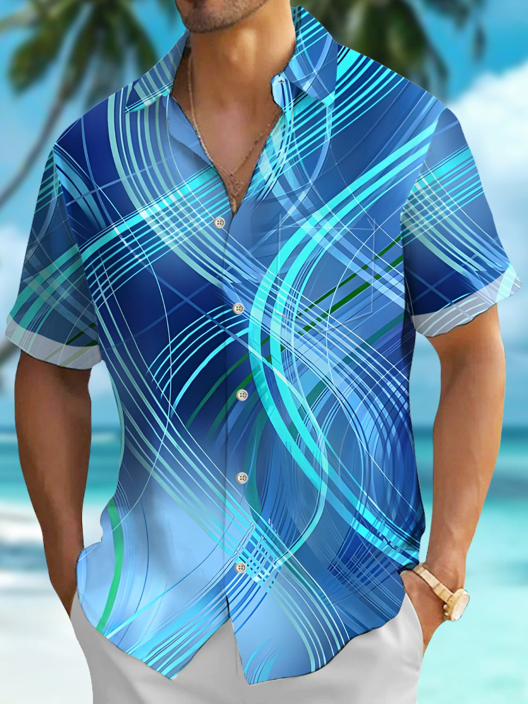 Alohadaddy® Retro Geometric Gradient Line Hawaiian Pocket Men&