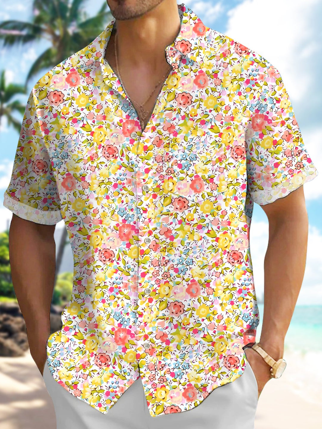 Alohadaddy® Hawaiian Floral Vintage Painting Pocket Men&