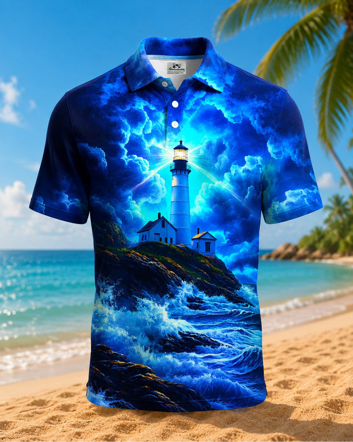 Alohadaddy® Retro Beach Ocean Lighthouse Gradient Polo Short-Sleeve Shirt