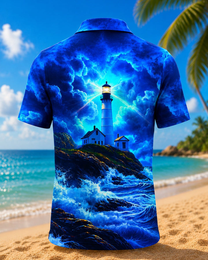 Alohadaddy® Retro Beach Ocean Lighthouse Gradient Polo Short-Sleeve Shirt