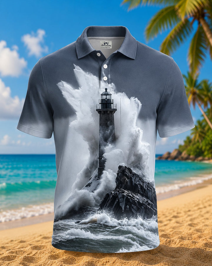 Alohadaddy® Retro Beach Ocean Lighthouse Polo Short-Sleeve Shirt