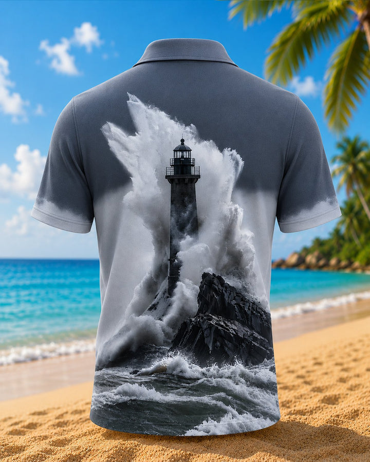 Alohadaddy® Retro Beach Ocean Lighthouse Polo Short-Sleeve Shirt