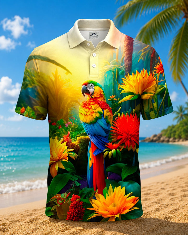 Alohadaddy® Hawaiian Flower Tropical Plant Parrot Polo Short-Sleeve Shirt