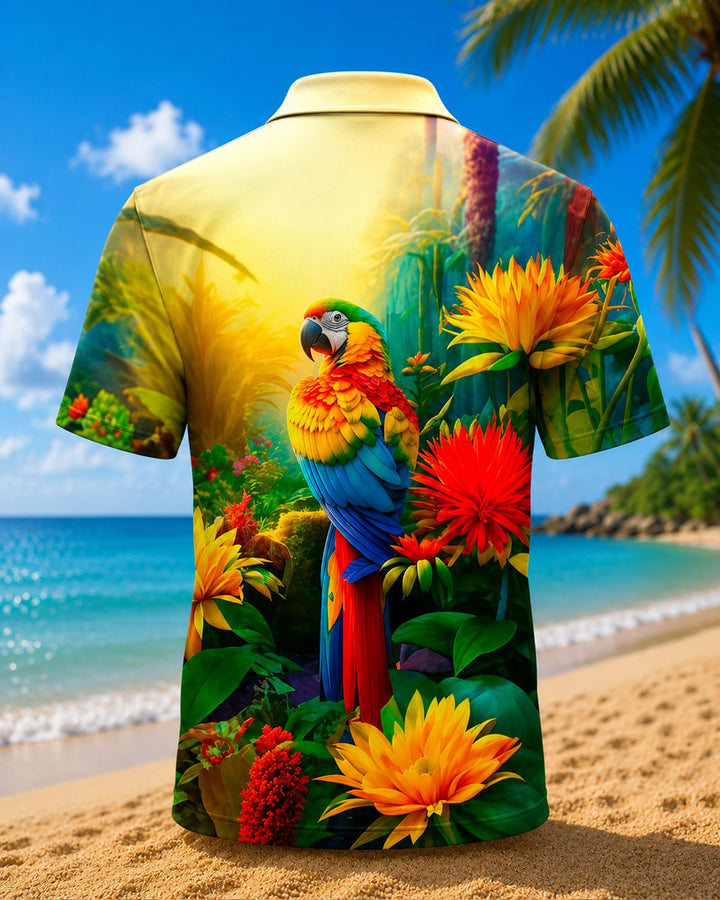 Alohadaddy® Hawaiian Flower Tropical Plant Parrot Polo Short-Sleeve Shirt