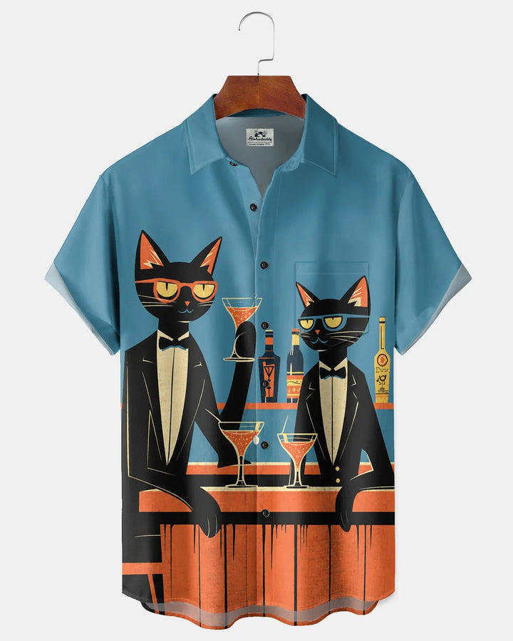 Alohadaddy® Retro Mid-Century Modern Geometric Atomic Cartoon Cat Short-Sleeve Shirt