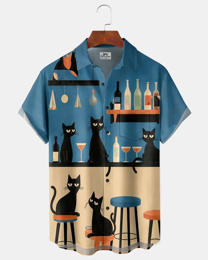 Alohadaddy® Retro Mid-Century Modern Geometric Atomic Cartoon Cat Cocktail Short-Sleeve Shirt