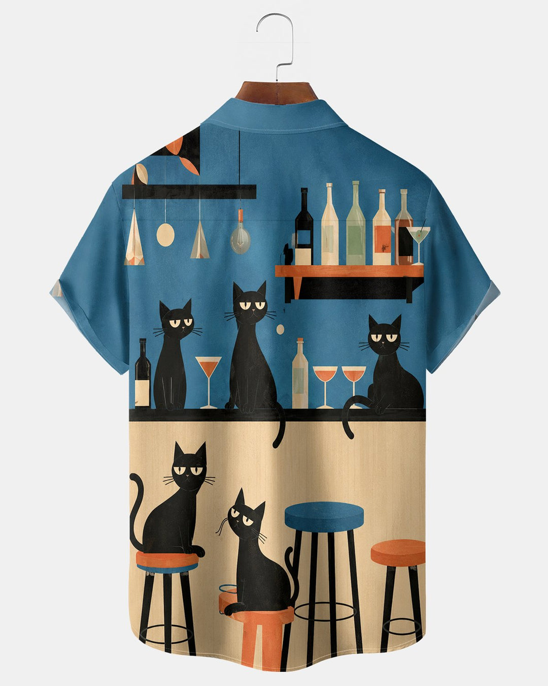 Alohadaddy® Retro Mid-Century Modern Geometric Atomic Cartoon Cat Cocktail Short-Sleeve Shirt