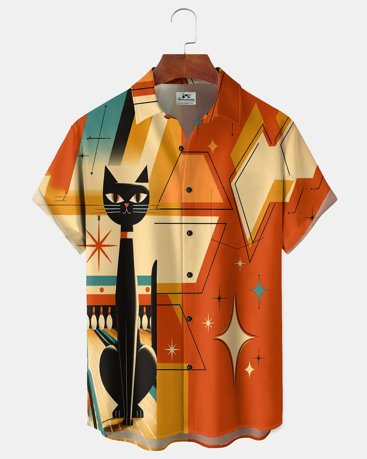 Alohadaddy® Retro Mid-Century Modern Geometric Atomic Cat Short-Sleeve Shirt