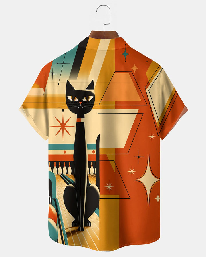 Alohadaddy® Retro Mid-Century Modern Geometric Atomic Cat Short-Sleeve Shirt