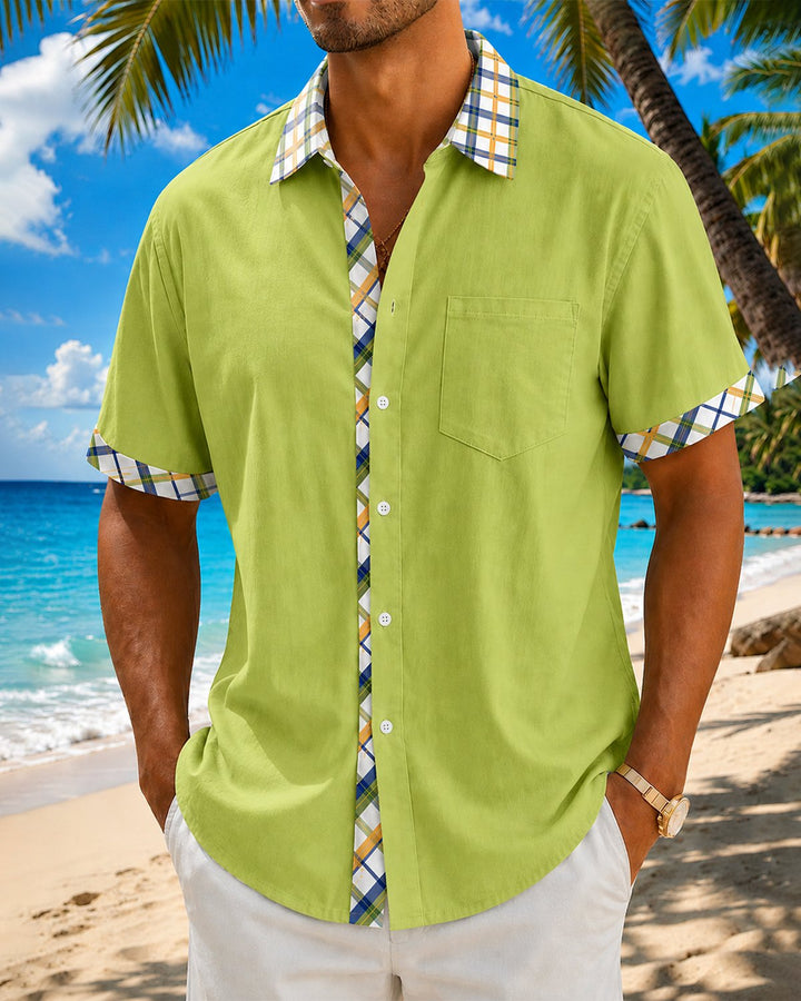 Alohadaddy® Basic Check Solid Color Patchwork Printed Pocket Short-Sleeve Shirt