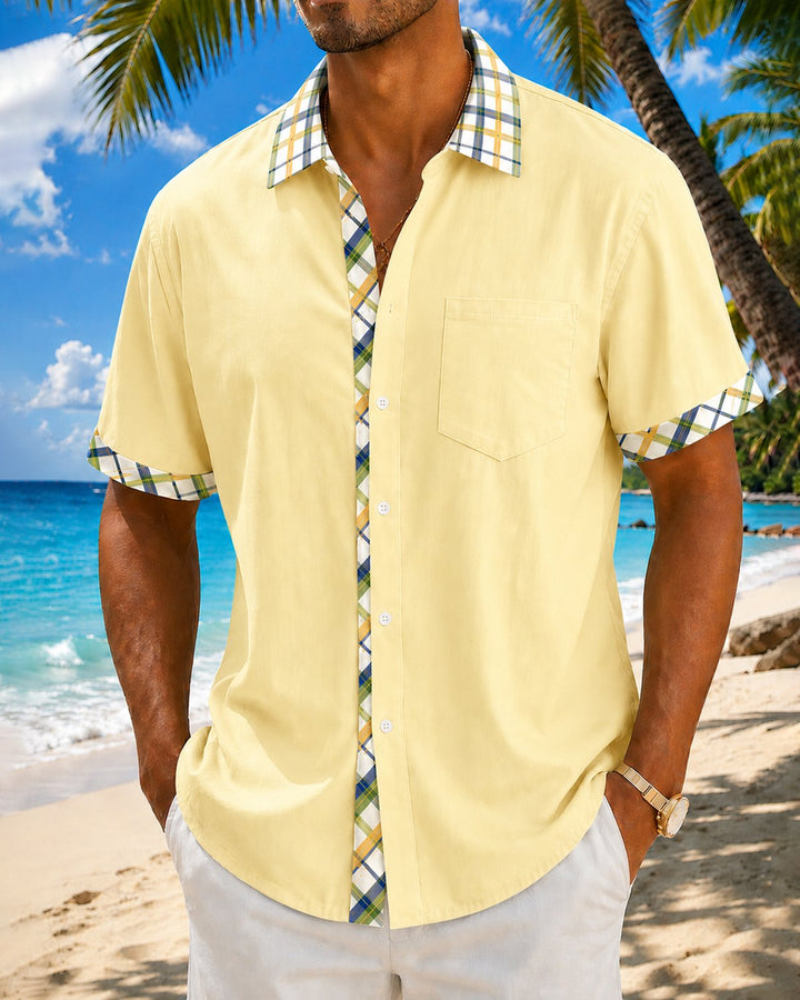 Alohadaddy® Basic Check Solid Color Patchwork Printed Pocket Short-Sleeve Shirt