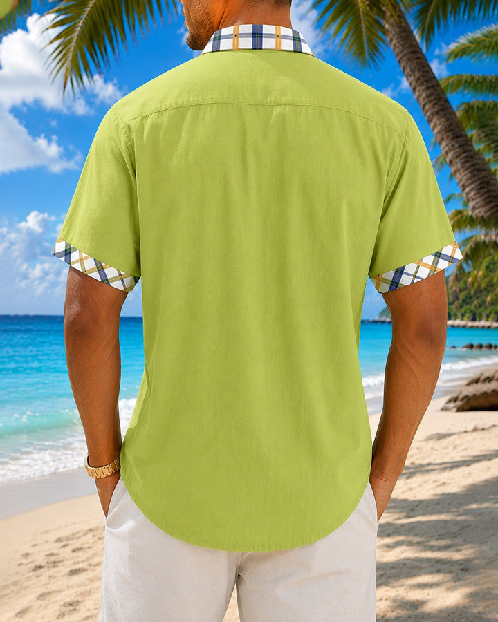 Alohadaddy® Basic Check Solid Color Patchwork Printed Pocket Short-Sleeve Shirt
