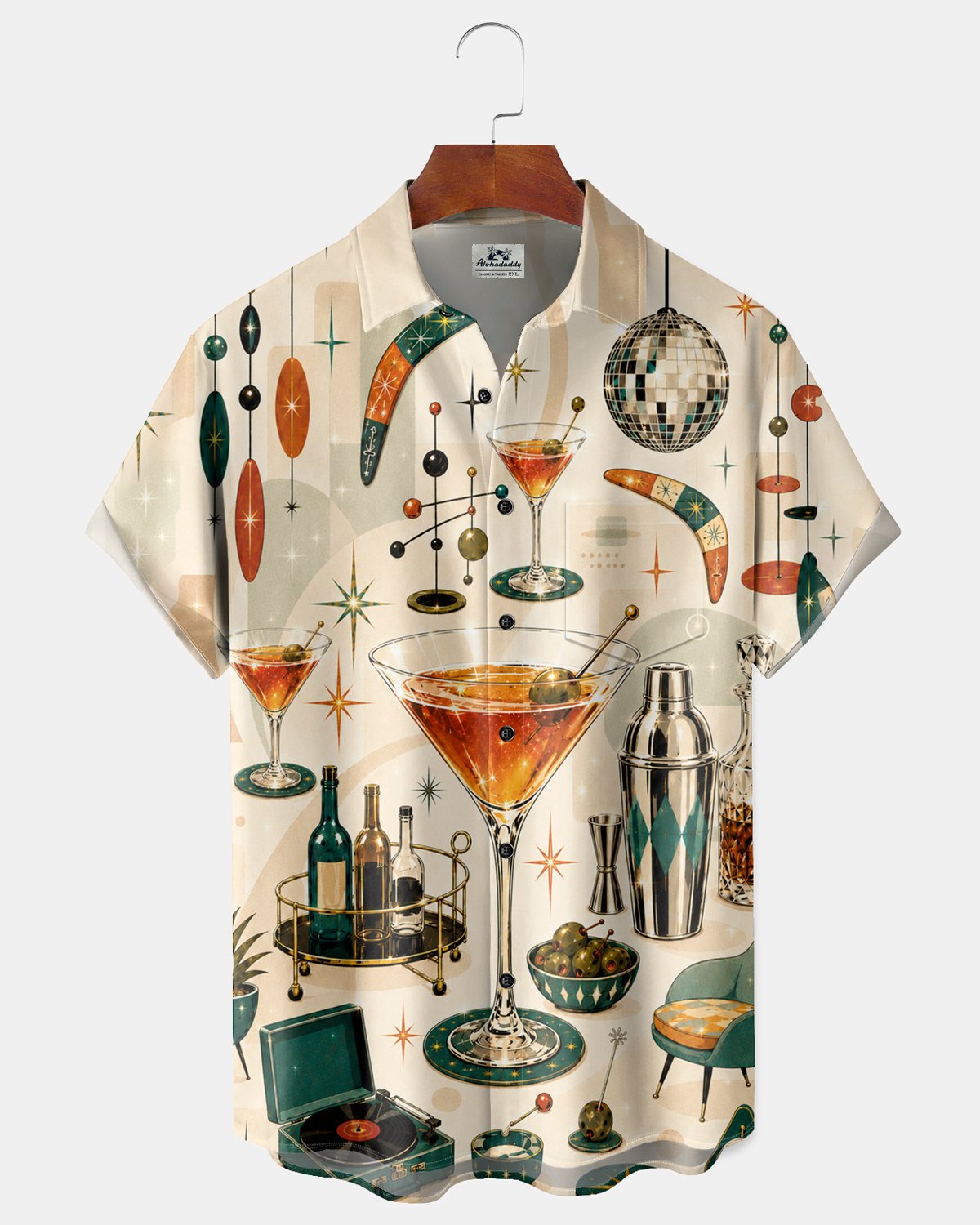 Alohadaddy® Retro Mid-Century Modern Geometric Atomic Cocktail Short-Sleeve Hawaiian Shirt