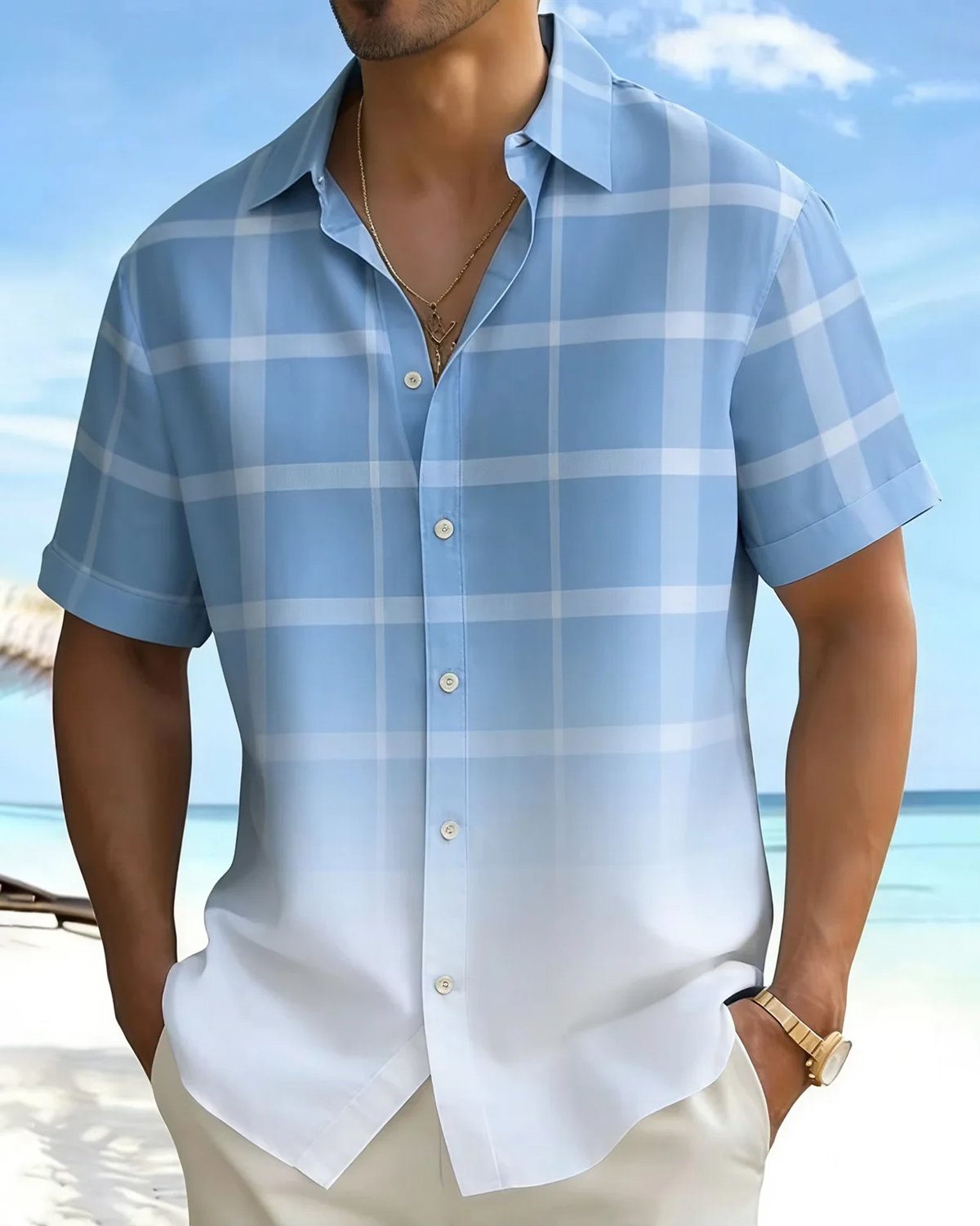 Alohadaddy® Basic Geometric Plaid Gradient Short-Sleeve Shirt