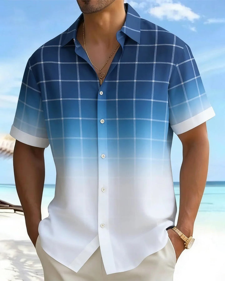 Alohadaddy® Basic Geometric Line Gradient Check Short-Sleeve Shirt