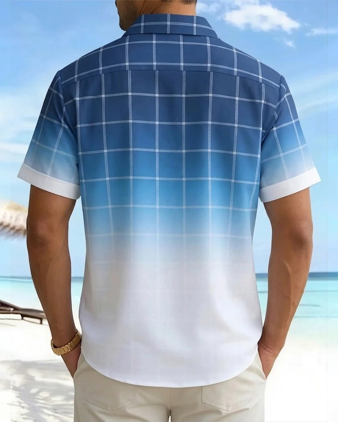 Alohadaddy® Basic Geometric Line Gradient Check Short-Sleeve Shirt