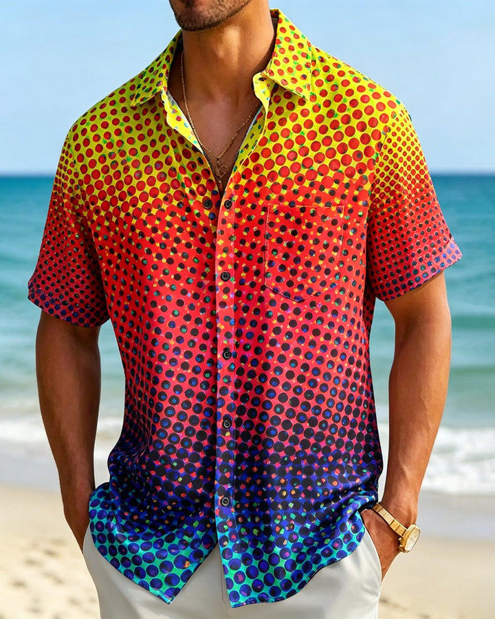 Alohadaddy® Retro Gradient Geometric Short-Sleeve Pocket Shirt