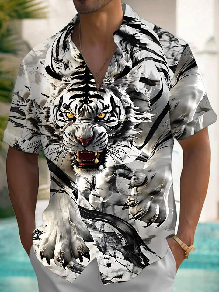 Alohadaddy® Vintage Abstract Tiger Animal Print Pocket Button Shirt