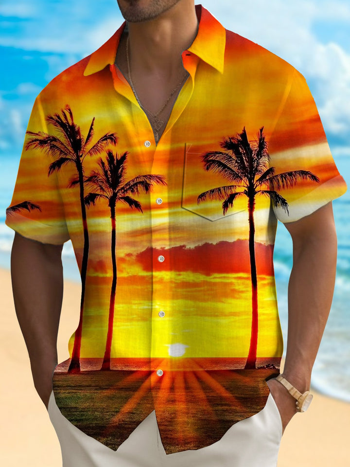 Camisa hawaiana de secado rápido para hombre, con diseño de árbol de coco y bolsillo para surfear, para vacaciones, puesta de sol en la playa, de Alohadaddy, talla grande