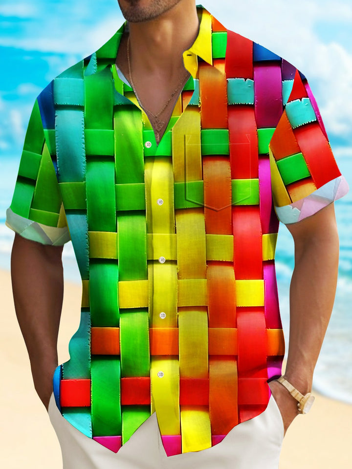 Camisa hawaiana de secado rápido y elástica para hombre, con diseño geométrico abstracto de arcoíris, para acampar, talla grande