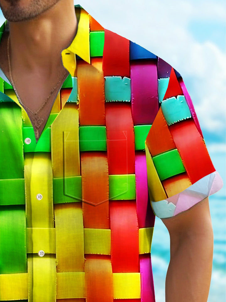 Camisa hawaiana de secado rápido y elástica para hombre, con diseño geométrico abstracto de arcoíris, para acampar, talla grande