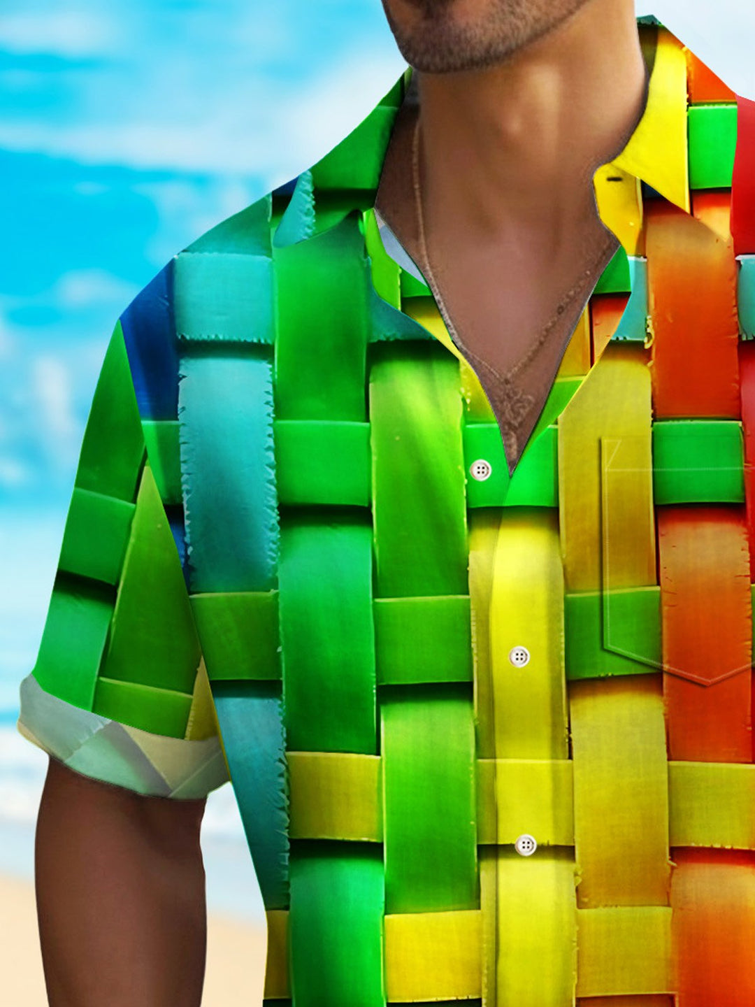 Camisa hawaiana de secado rápido y elástica para hombre, con diseño geométrico abstracto de arcoíris, para acampar, talla grande