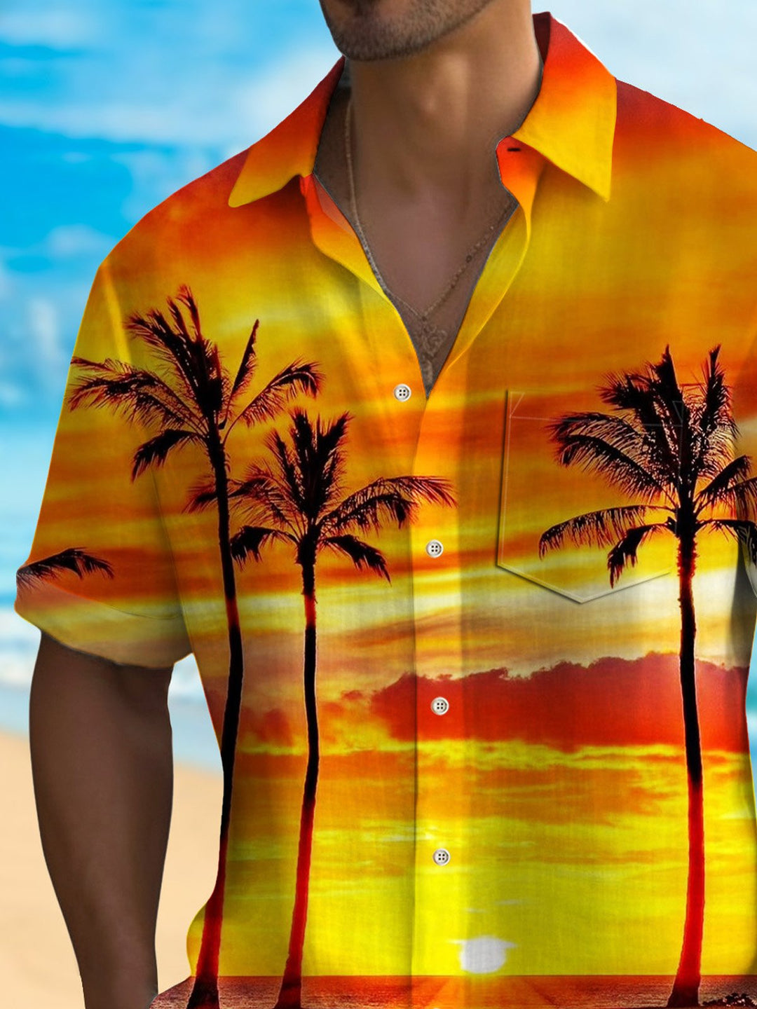 Camisa hawaiana de secado rápido para hombre, con diseño de árbol de coco y bolsillo para surfear, para vacaciones, puesta de sol en la playa, de Alohadaddy, talla grande
