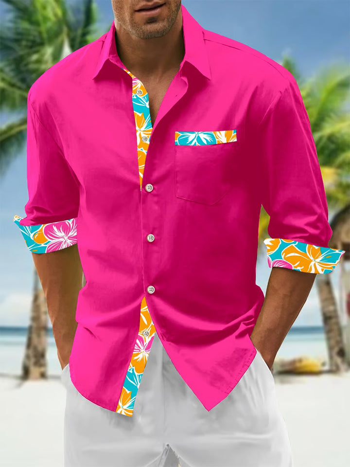 Alohadaddy® Basic Solid Floral Stitching Long Sleeve Pocket Shirt