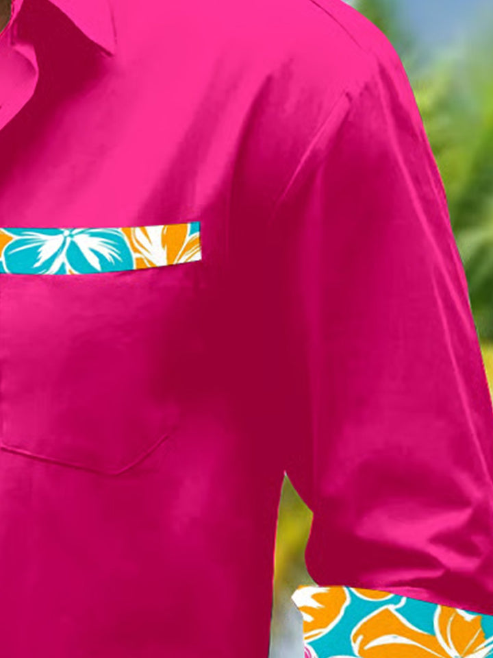 Alohadaddy® Basic Solid Floral Stitching Long Sleeve Pocket Shirt