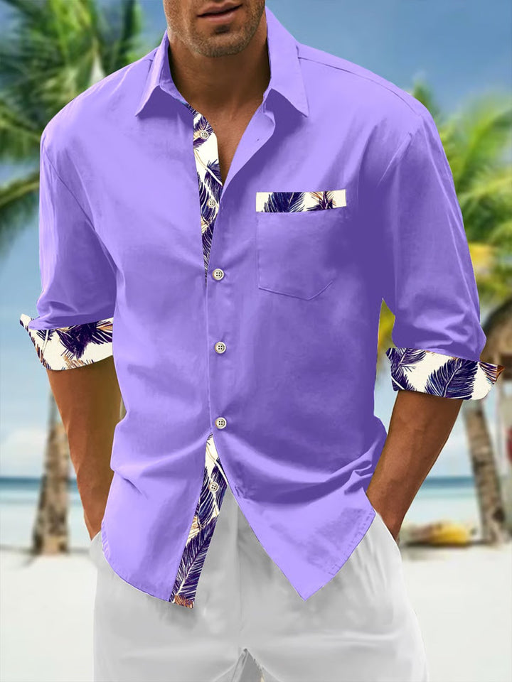 Alohadaddy® Basic Solid Floral Colorblock Long Sleeve Pocket Shirt