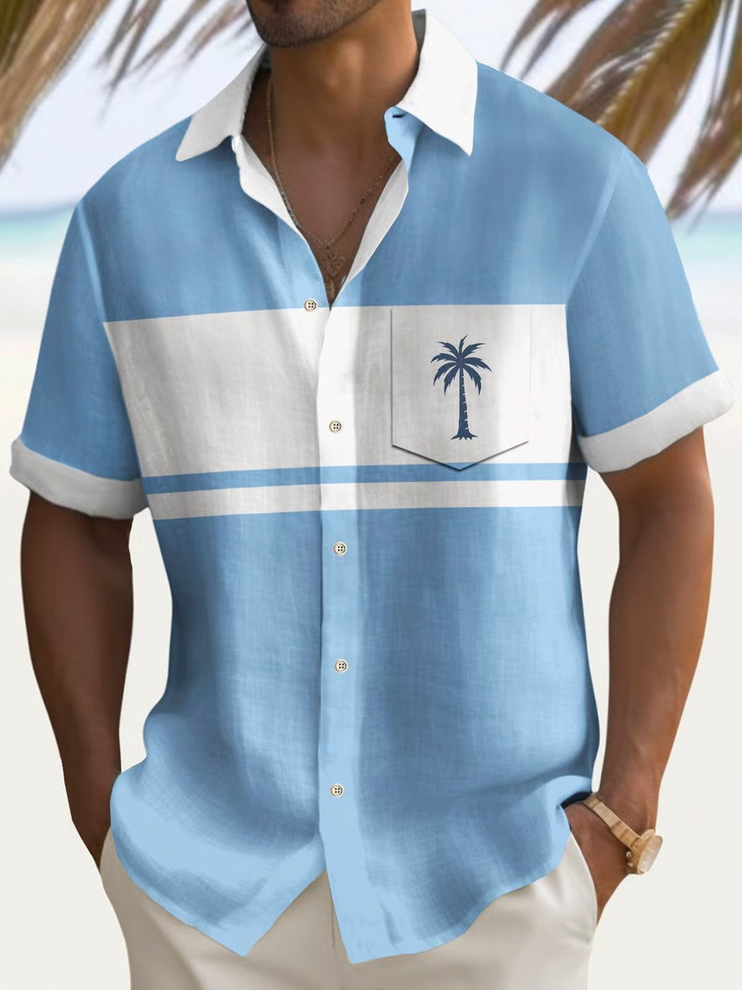 Alohadaddy® Basic Hawaiian Coconut Tree Geometric Lines Color Block Pocket Shirt