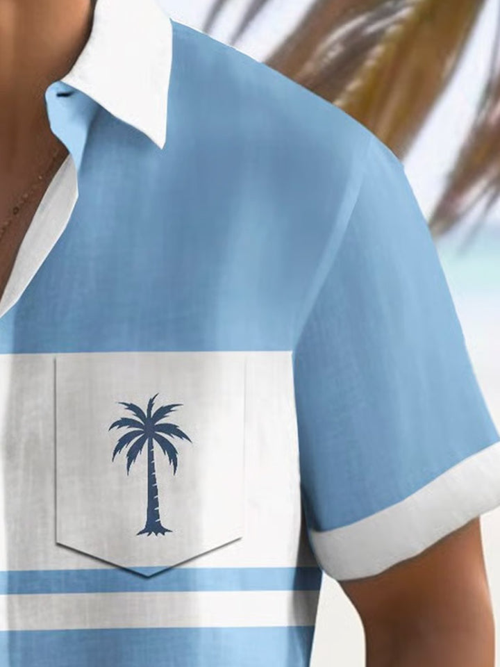 Alohadaddy® Basic Hawaiian Coconut Tree Geometric Lines Color Block Pocket Shirt