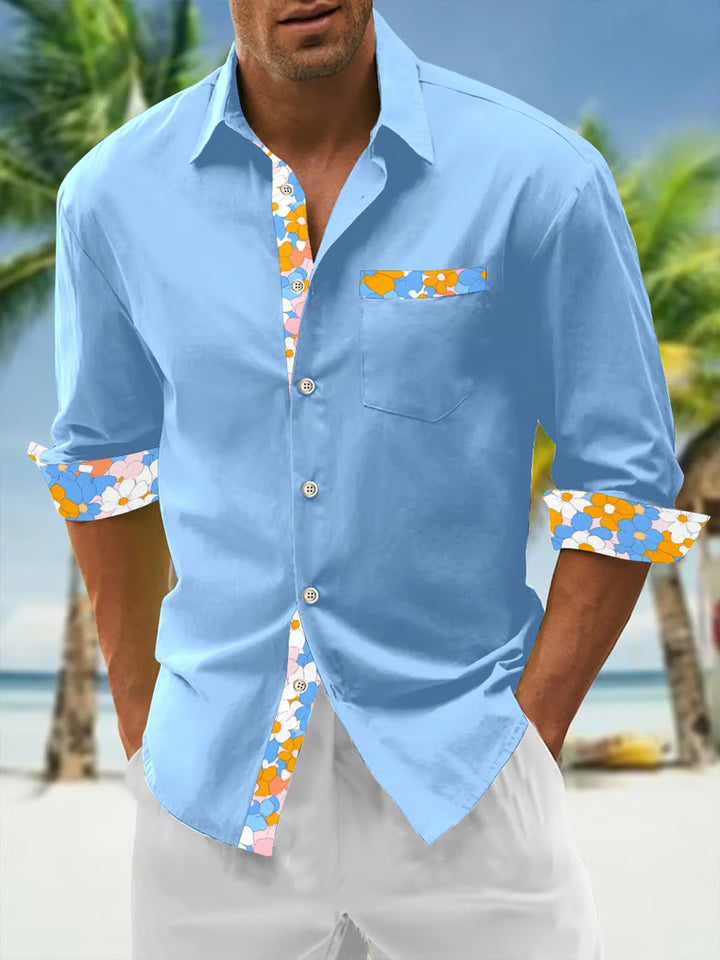 Alohadaddy® Basic Solid Floral Colorblock Contrast Long Sleeve Pocket Shirt