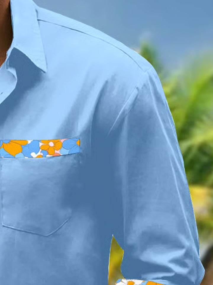Alohadaddy® Basic Solid Floral Colorblock Contrast Long Sleeve Pocket Shirt