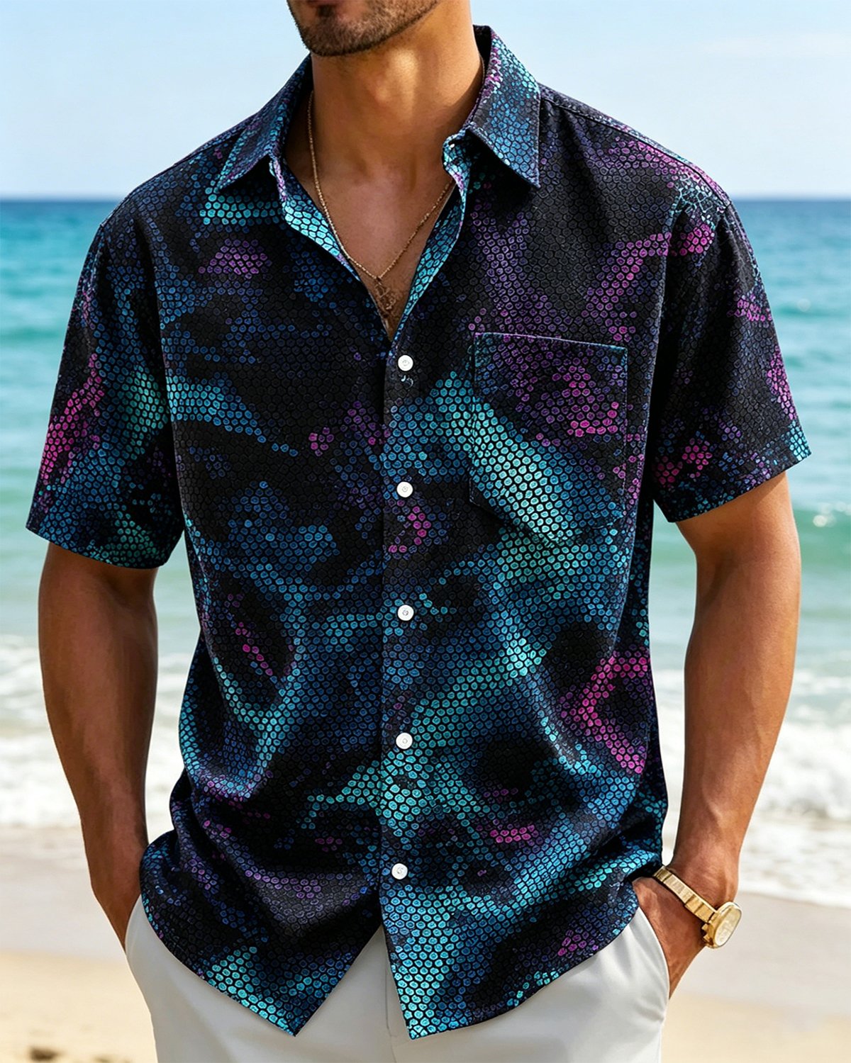 Alohadaddy® Retro Abstract Geometric Gradient Print Short-Sleeve Shirt