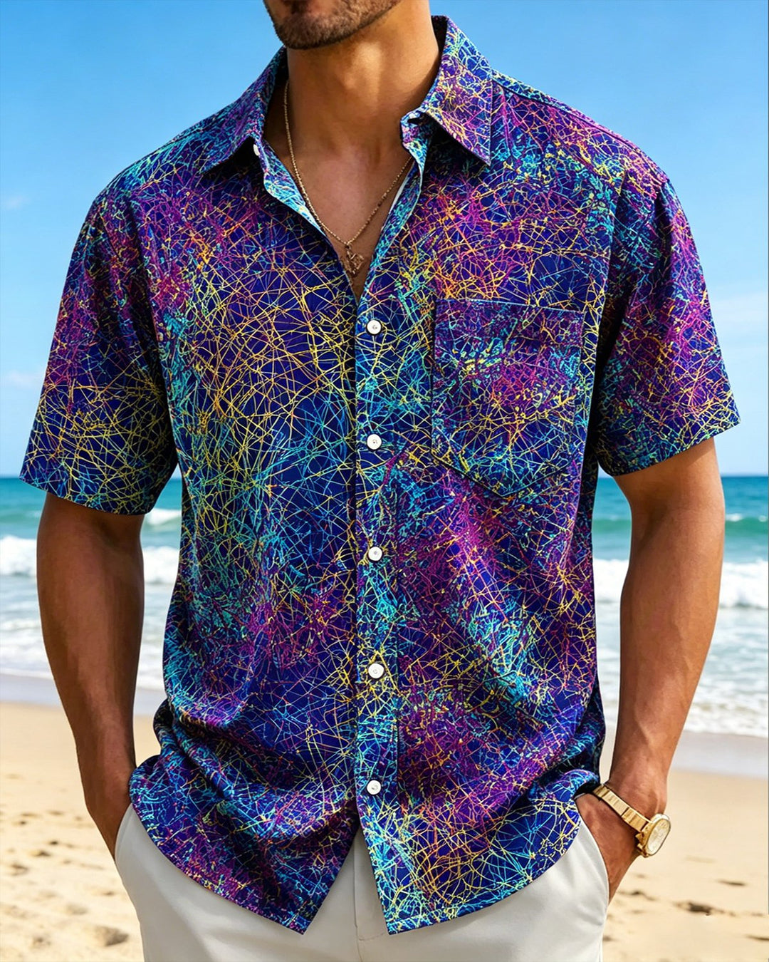 Alohadaddy® Retro Abstract Geometric Gradient Texture Print Short-Sleeve Shirt