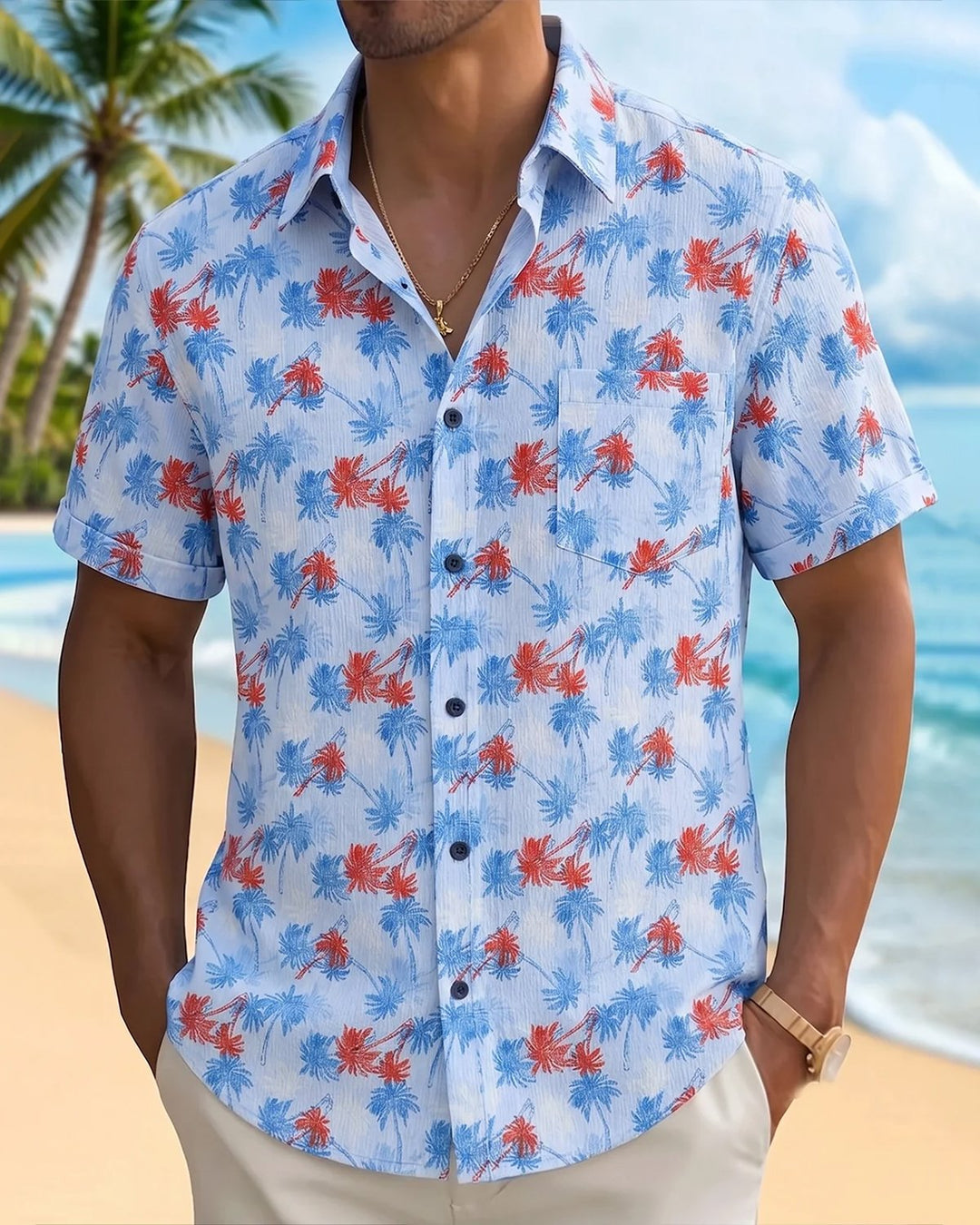 Alohadaddy® Hawaiian Classic Print Coconut Tree Color Block Gradient Short-Sleeve Shirt