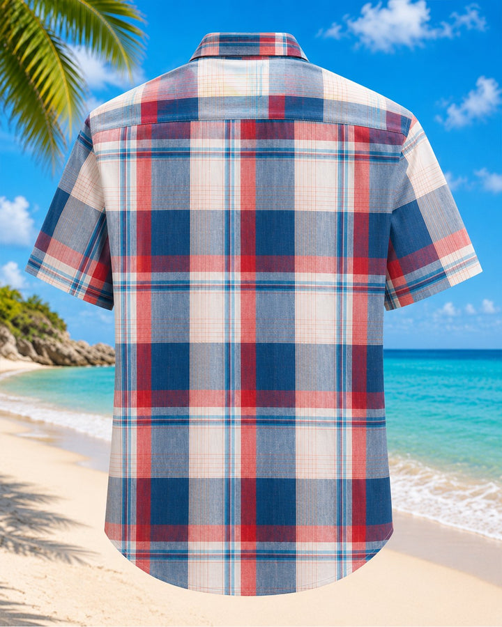 Alohadaddy® Basic Geometric Plaid Color-Block Short-Sleeve Shirt
