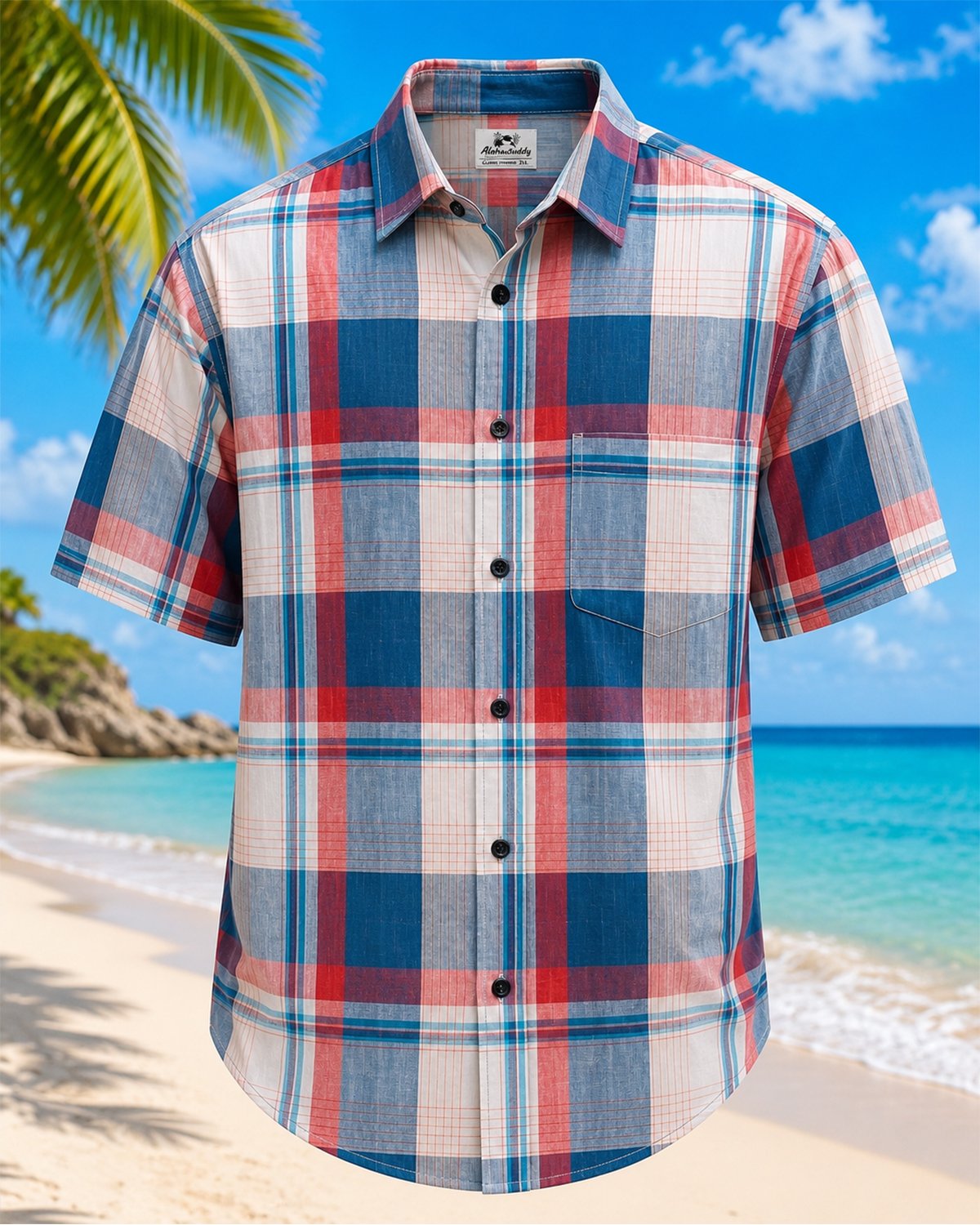 Alohadaddy® Basic Geometric Plaid Color-Block Short-Sleeve Shirt