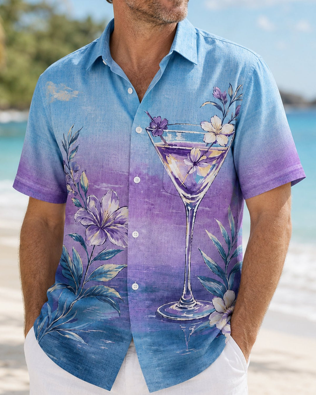 Alohadaddy® Hawaiian Floral Gradient Cocktail Short-Sleeve Pocket Shirt