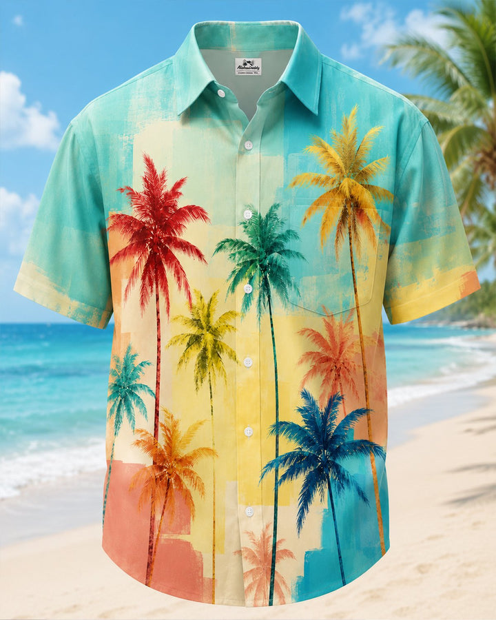 Alohadaddy® Hawaiian Gradient Coconut Tree Beach Vacation Pocket Shirt