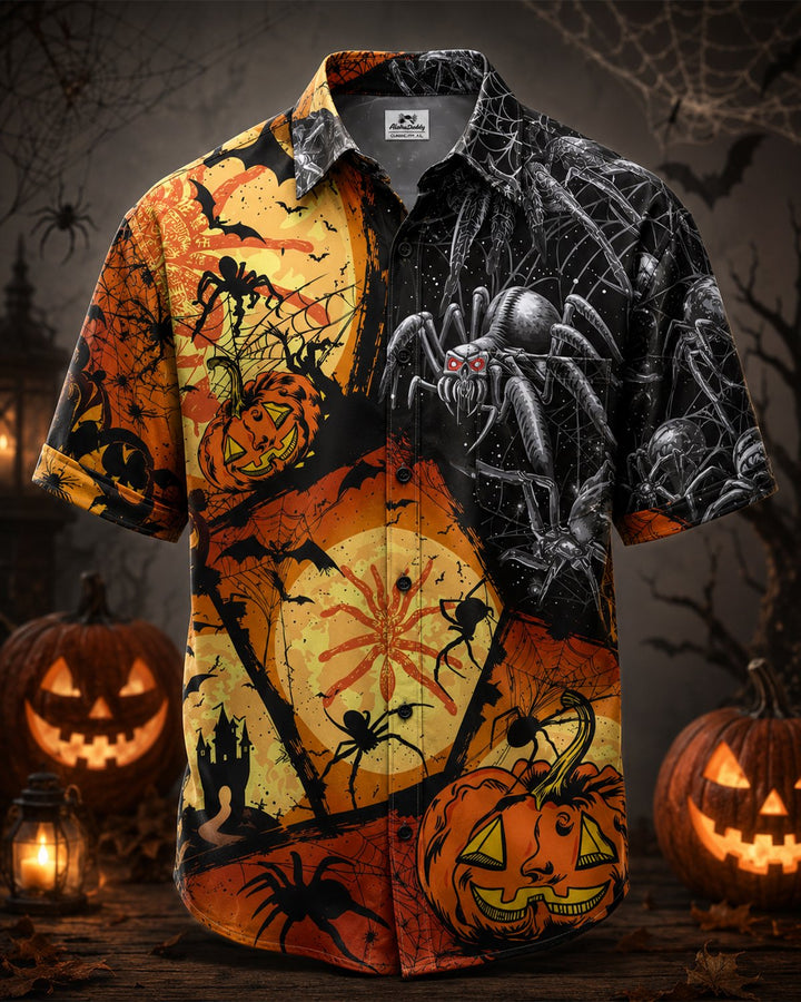 Alohadaddy® Holiday Halloween Pumpkin Bat Retro Poster Short-Sleeve Shirt