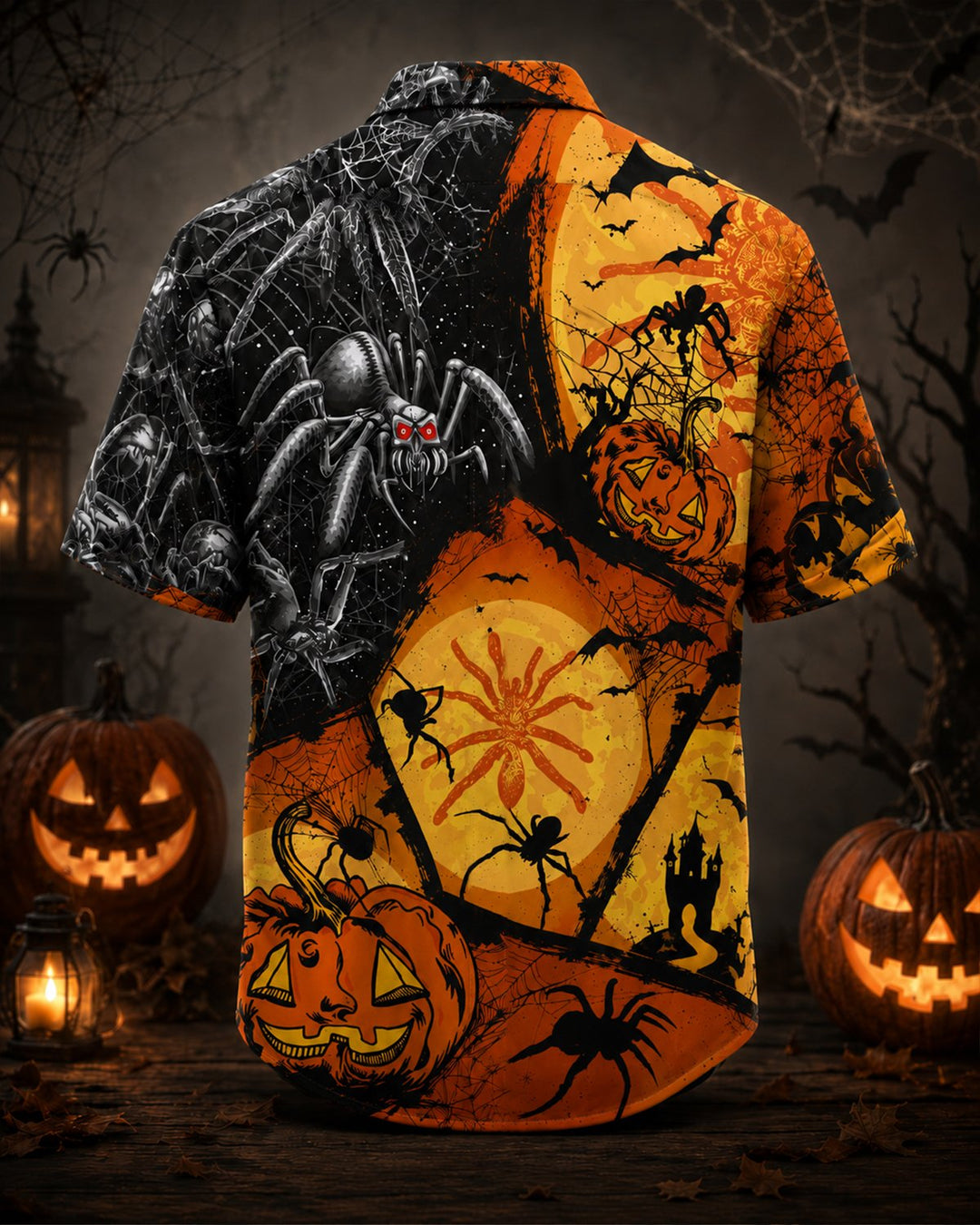 Alohadaddy® Holiday Halloween Pumpkin Bat Retro Poster Short-Sleeve Shirt