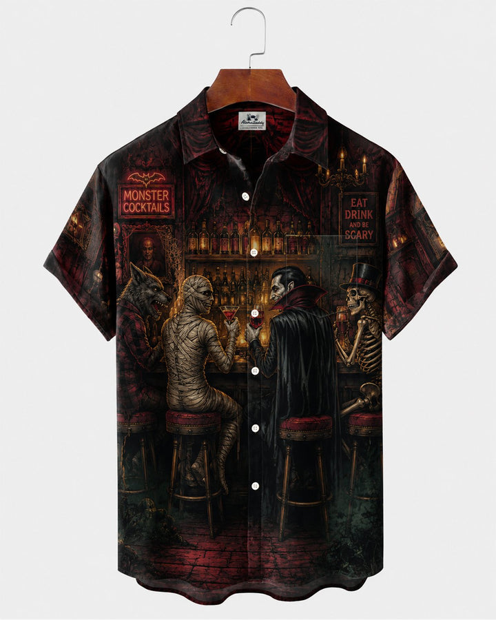 Alohadaddy® Halloween Retro Vampire Werewolf Bar Short-Sleeve Shirt