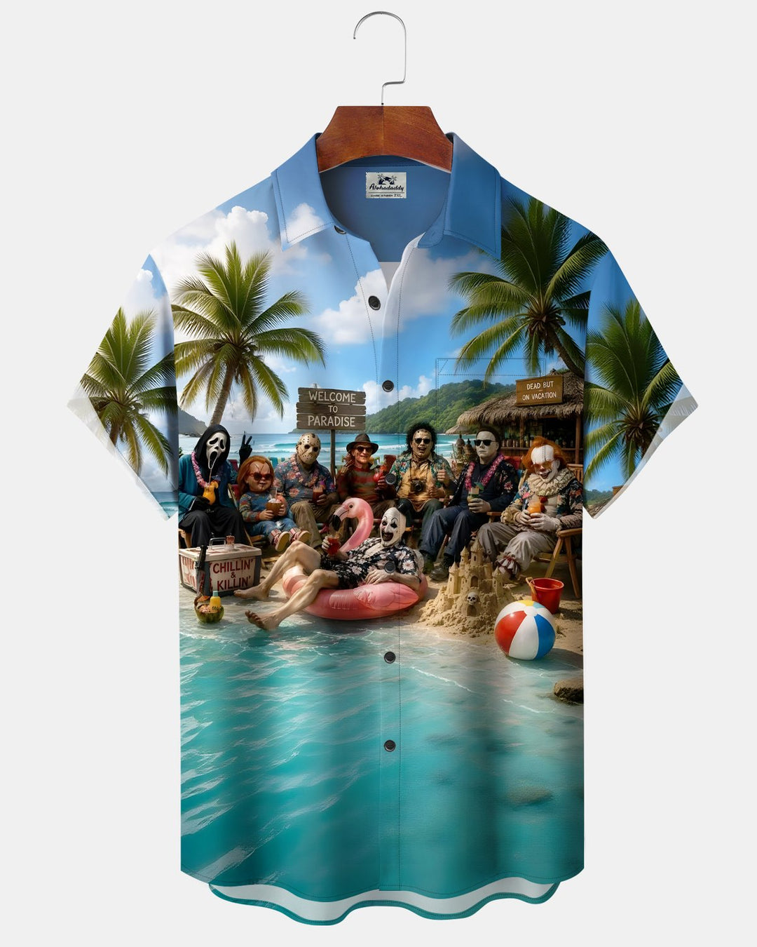 Alohadaddy® Halloween Cartoon Beach Coconut Tree Flamingo Short-Sleeve Shirt