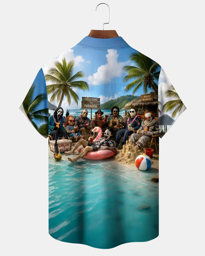 Alohadaddy® Halloween Cartoon Beach Coconut Tree Flamingo Short-Sleeve Shirt