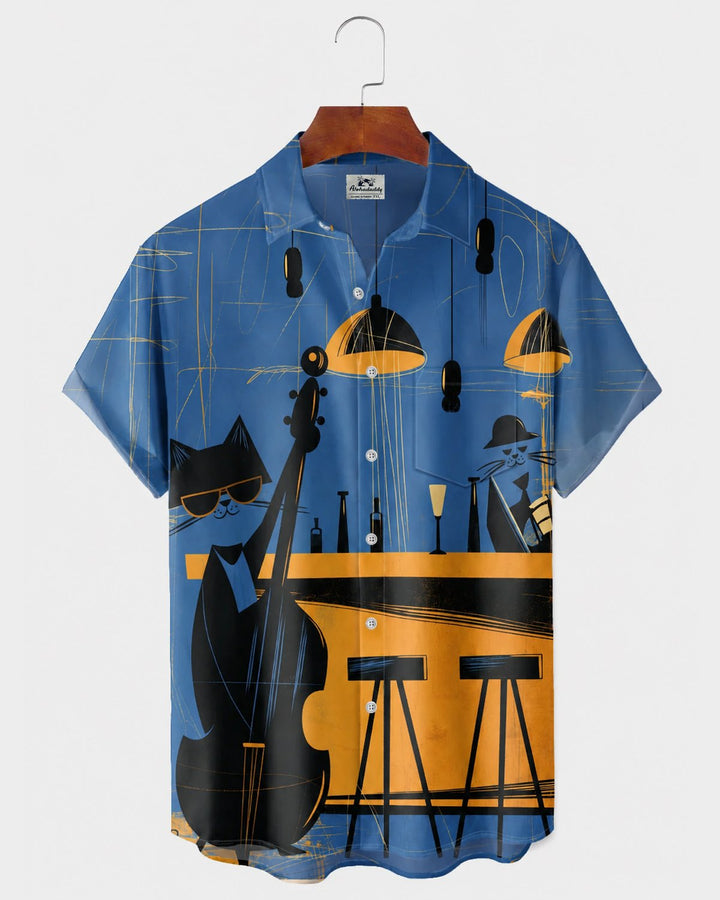 Alohadaddy® Retro Mid-Century Modern Geometric Atomic Cat Cocktail Short-Sleeve Shirt
