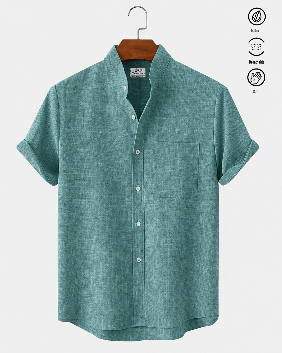 Alohadaddy® Men's Basic Solid Color Stand Collar Eco-Friendly Linen Pocket Shirt